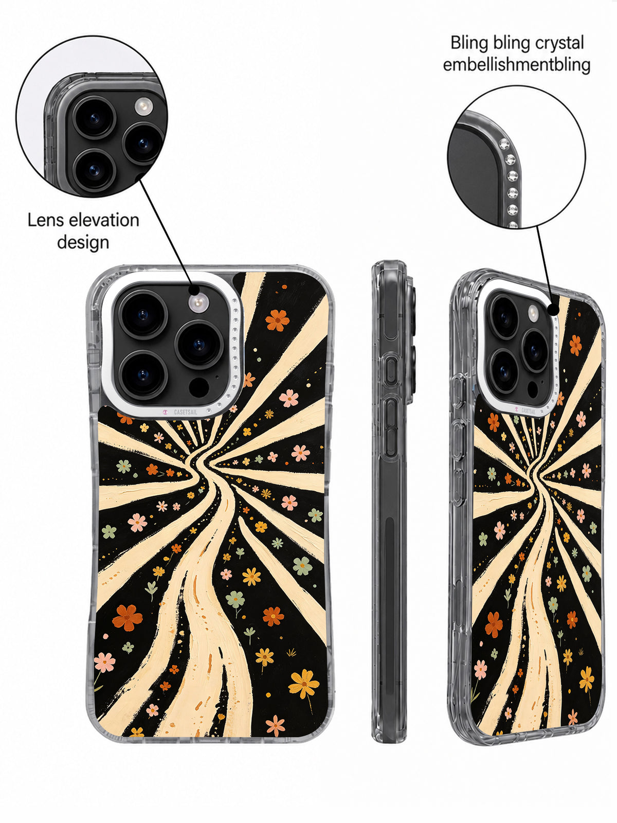 Close-up views of the raised rhinestone camera frame on the floral phone case