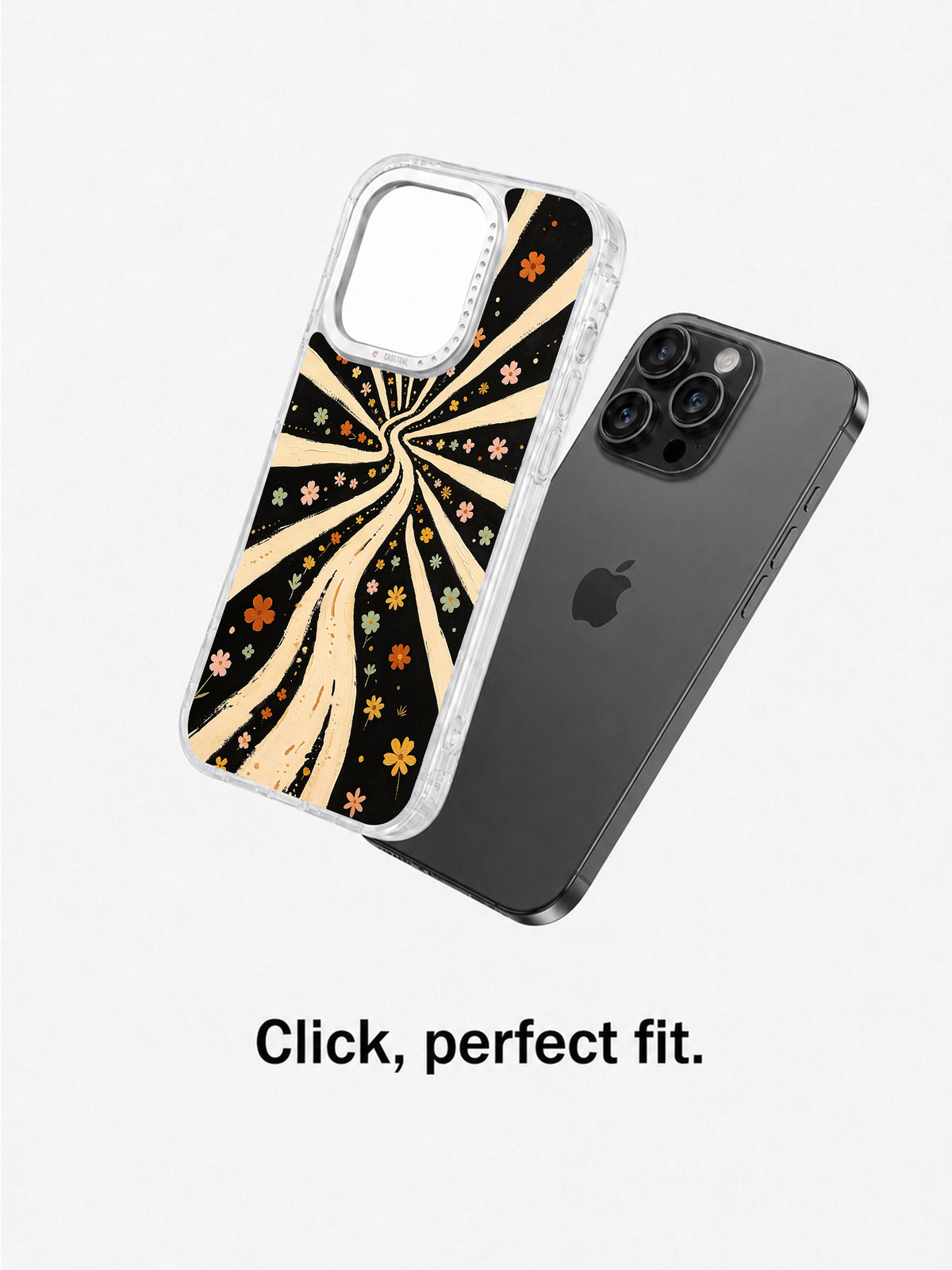 Clear floral iPhone 16 Pro Max case separated from a black phone