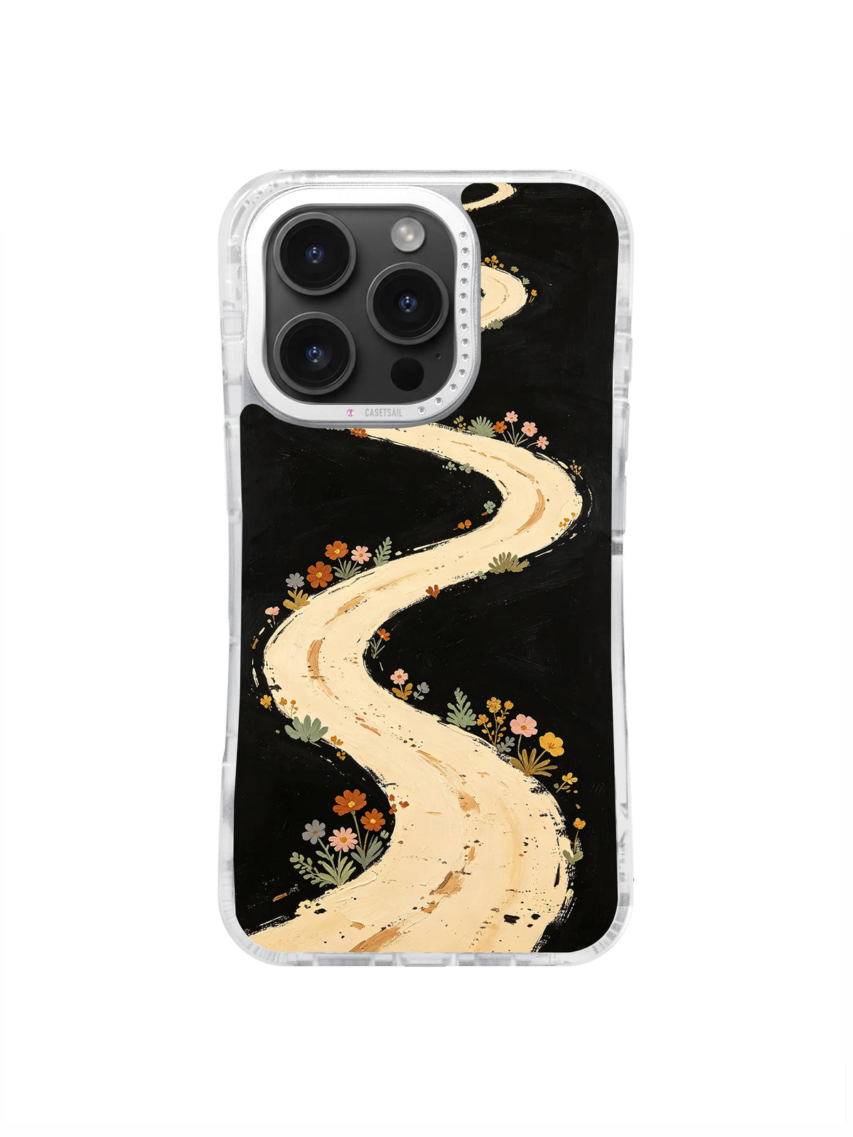 Winding cream road and wildflowers pattern on black iPhone 16 Pro Max case