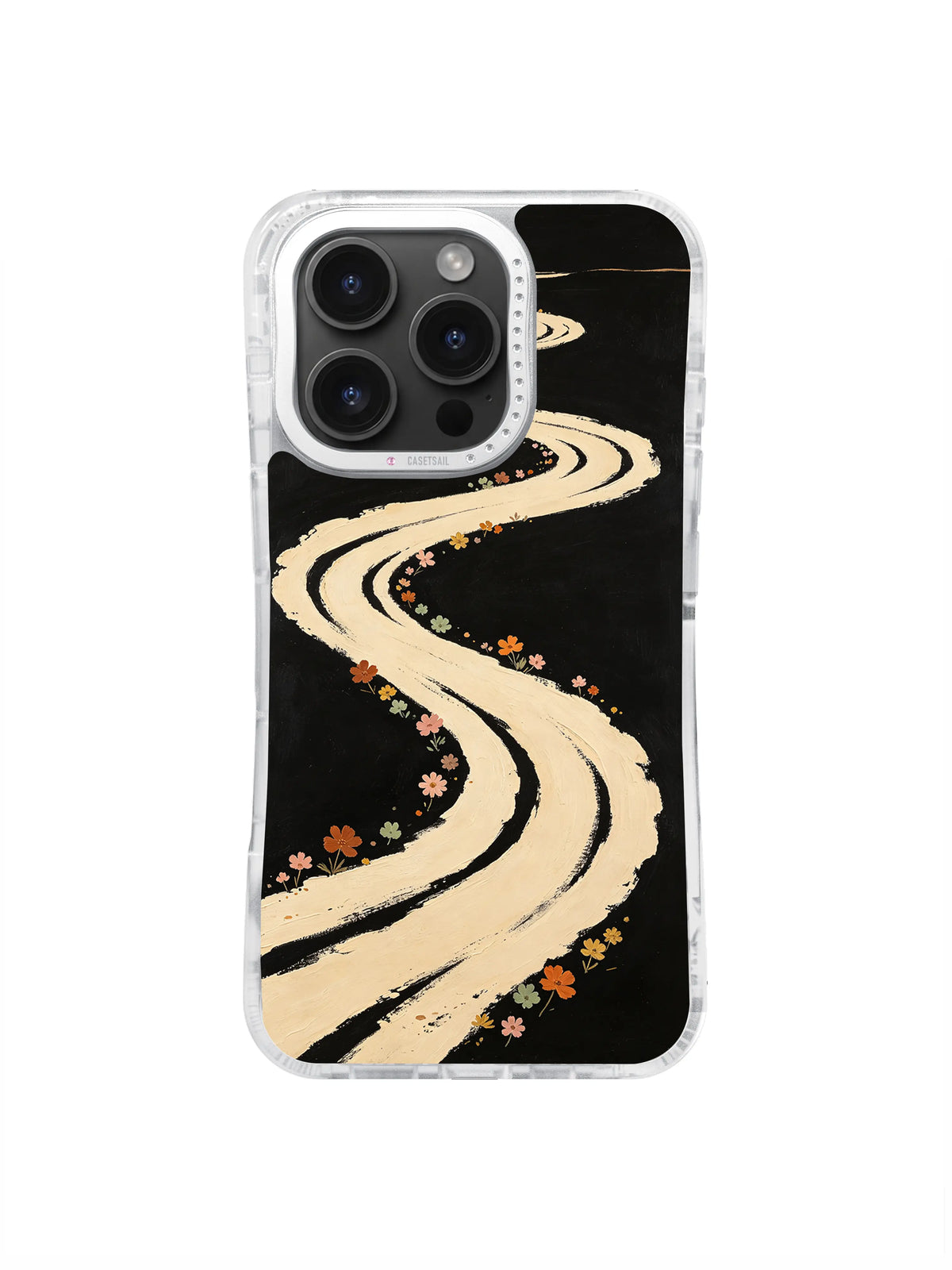Double curved cream trail with small retro flowers on black phone case