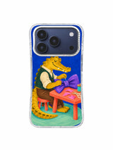 Alligator measuring the full width of a violet bow phone-case artwork