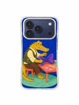 Alligator at a coral tailor table with violet bow and scissors artwork
