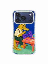 Front view of transparent iPhone case with Violet Bow Tailor artwork