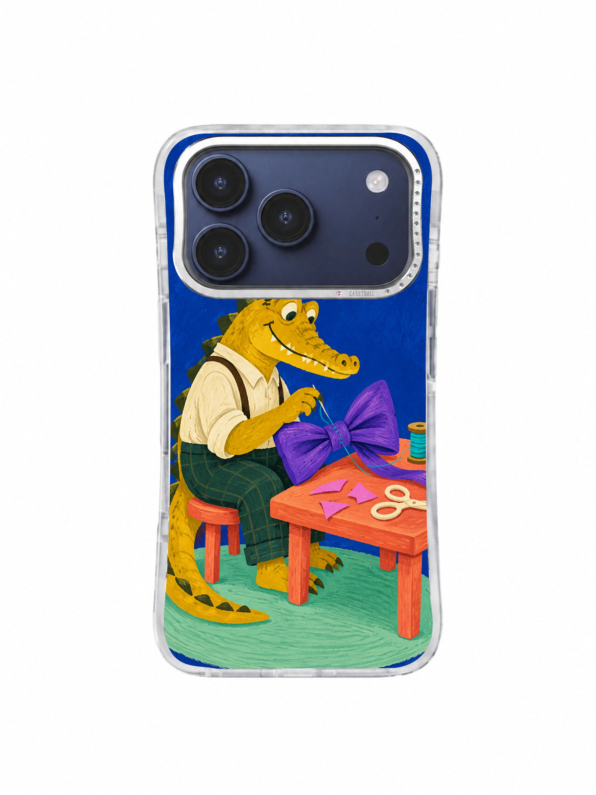 Front view of transparent iPhone case with Violet Bow Tailor artwork
