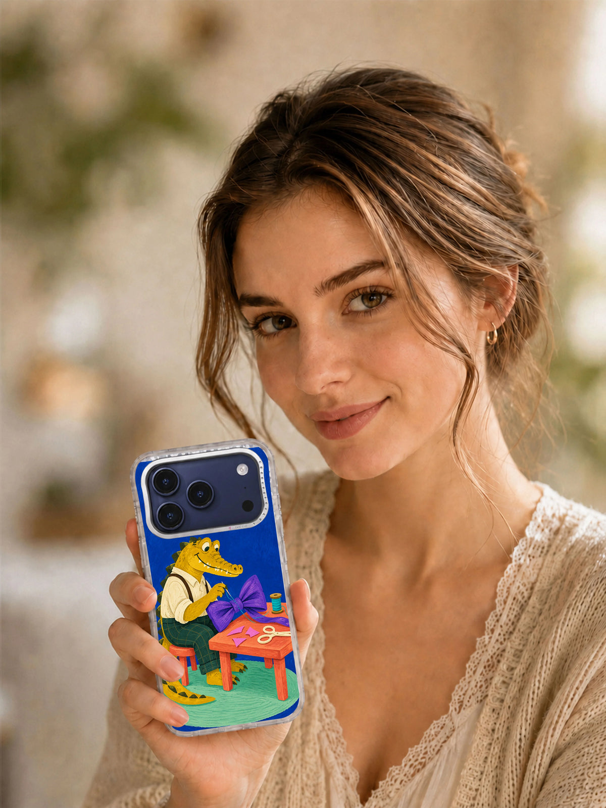 Lifestyle view of Violet Bow Tailor illustrated iPhone case