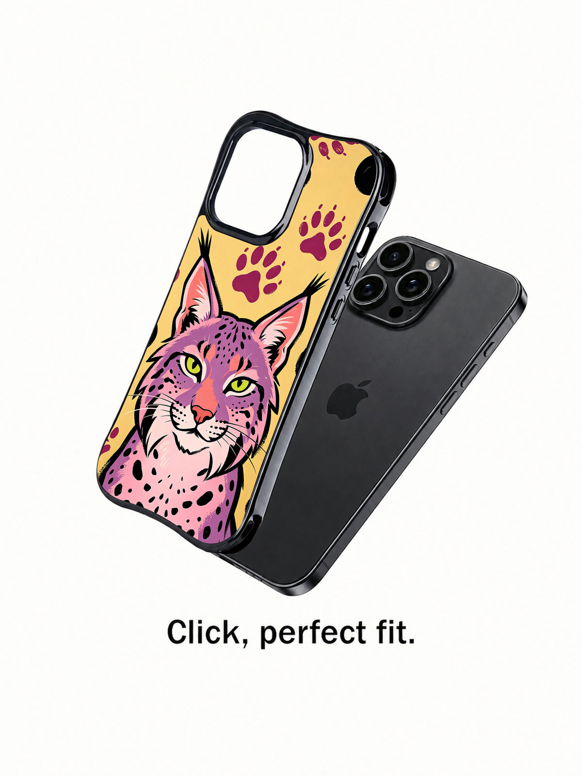 Violet Lynx Rebel black iPhone 13 Pro Max case beside a phone in the paw print design