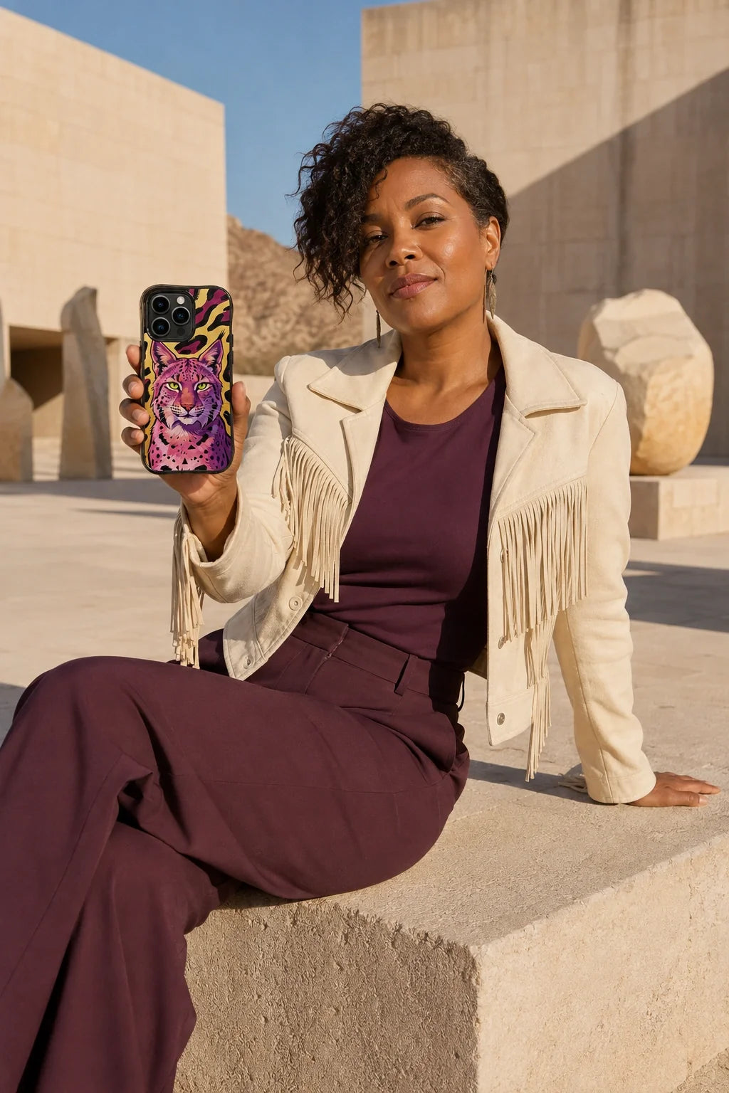 Adult woman holding Violet Lynx Rebel iPhone 13 Pro Max case in a sunlit desert art museum courtyard