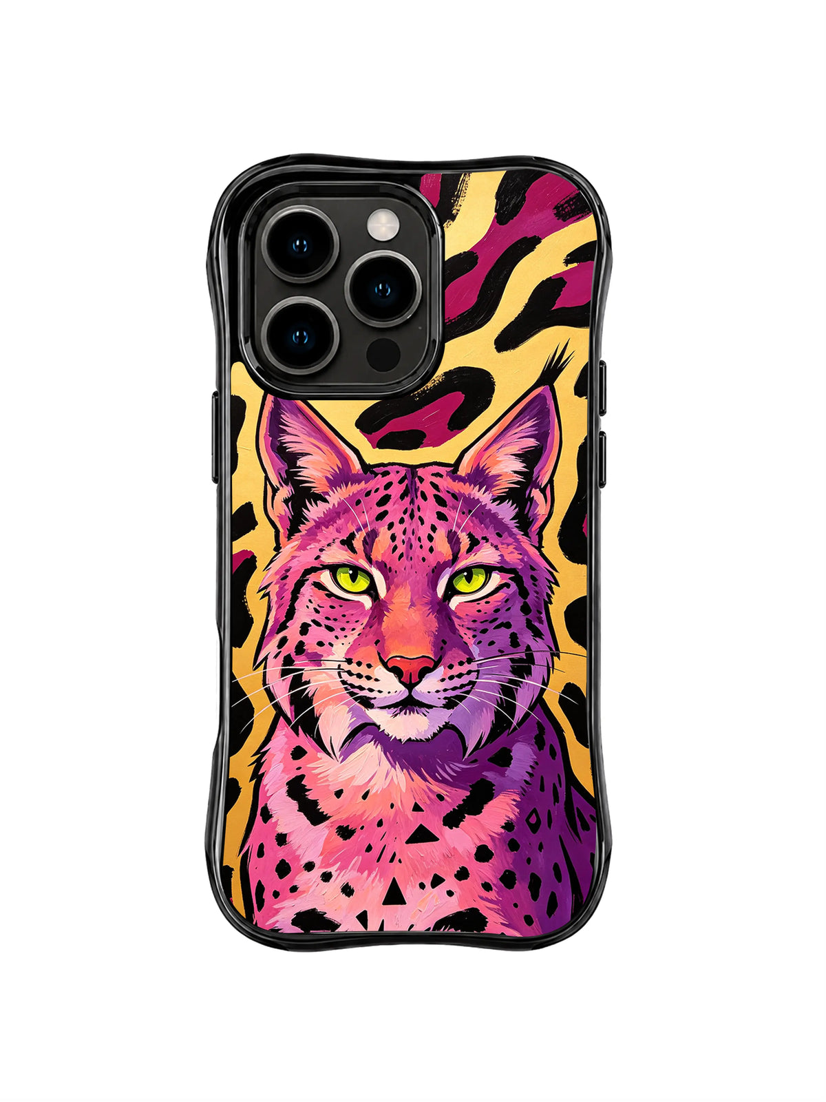 Violet pink lynx with pointed ears and green eyes against flowing black magenta shapes on iPhone 13 Pro Max case