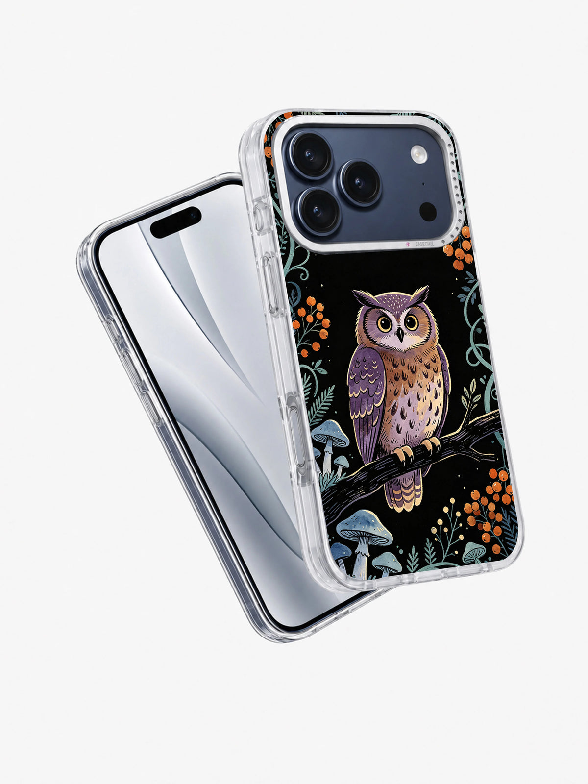 Angled view of Violet Owl Garden iPhone case with owl, mushrooms, berries, and dark woodland art