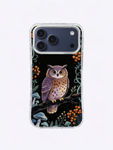 Violet Owl Garden iPhone case, Amber Berry Night Watch pattern with violet owl, orange berries, and blue mushrooms