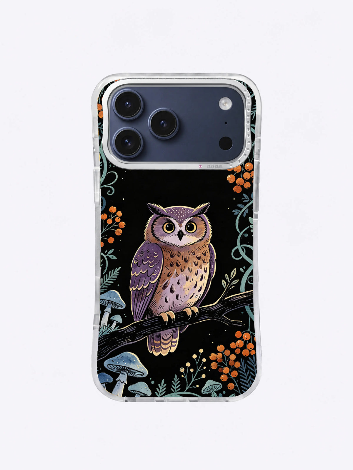 Violet Owl Garden iPhone case, Amber Berry Night Watch pattern with violet owl, orange berries, and blue mushrooms