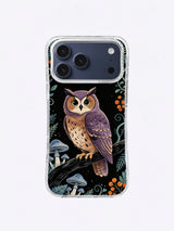 Violet Owl Garden iPhone case, Copper-Eyed Owl Grove pattern with teal stems, berries, and pale mushrooms