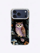 Violet Owl Garden iPhone case, Sage Fern Night Owl pattern with diagonal branch and blue-gray mushrooms