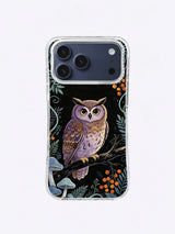 Violet Owl Garden iPhone case, Violet Moonphase Perch pattern with teal vines and burnt-orange berries