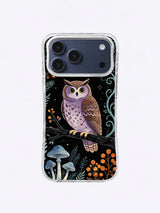 Violet Owl Garden iPhone case, Mushroom Branch Sentinel pattern with centered owl and blue mushrooms