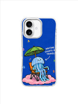 Pale blue jellyfish resting on an orange chair under a green umbrella on deep blue