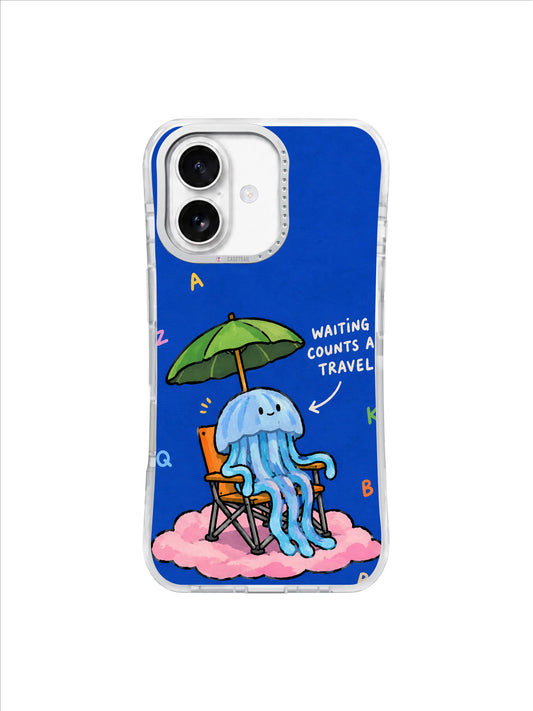 Pale blue jellyfish resting on an orange chair under a green umbrella on deep blue