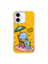 Jellyfish observing quietly from a folding chair beneath a green umbrella