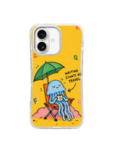 Front product view of Waiting Counts as Travel artwork on an iPhone 16 case