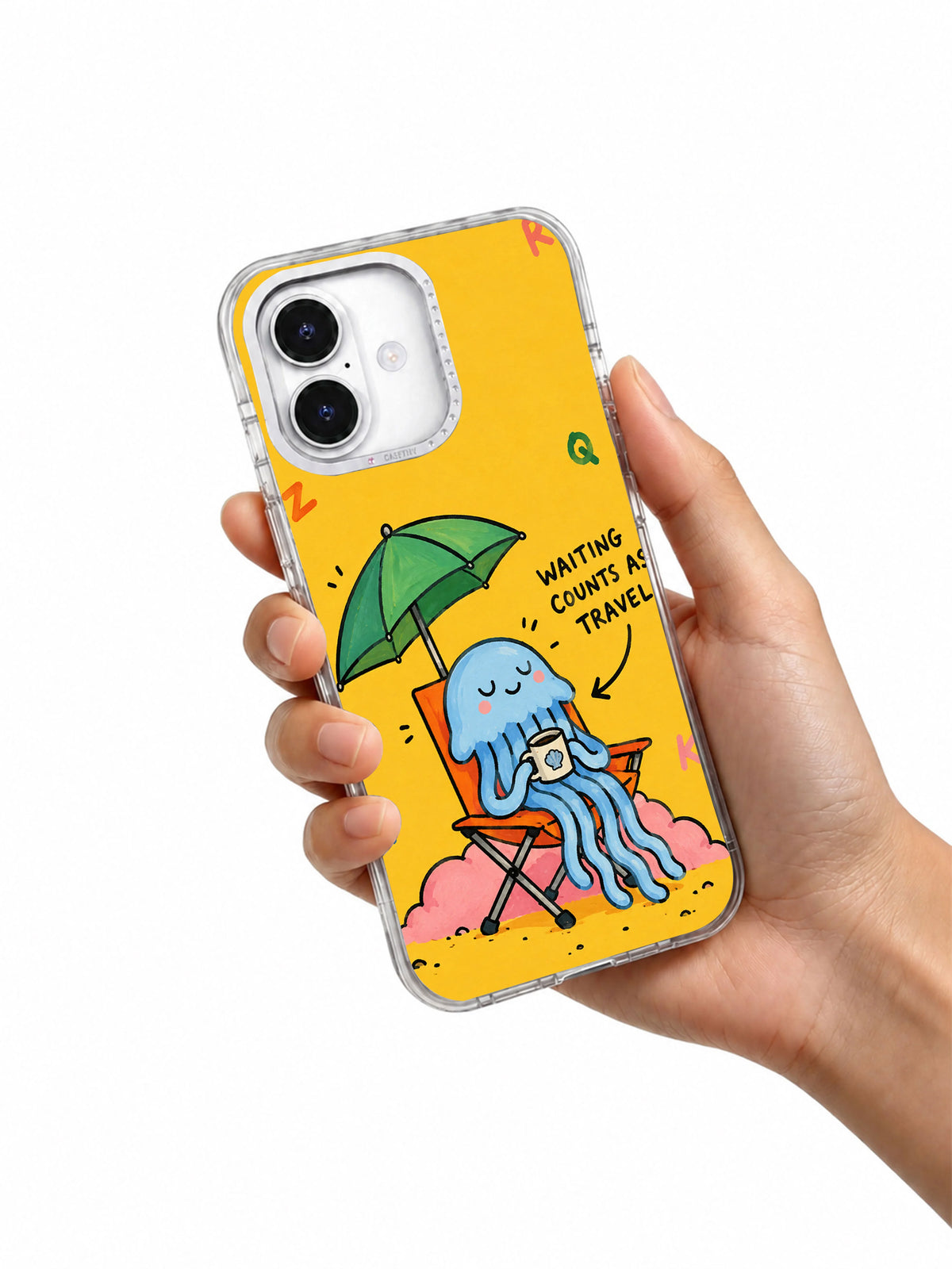 Hand holding an iPhone 16 case with jellyfish waiting artwork