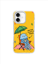 Blue jellyfish holding a small card while waiting on a pink cloud