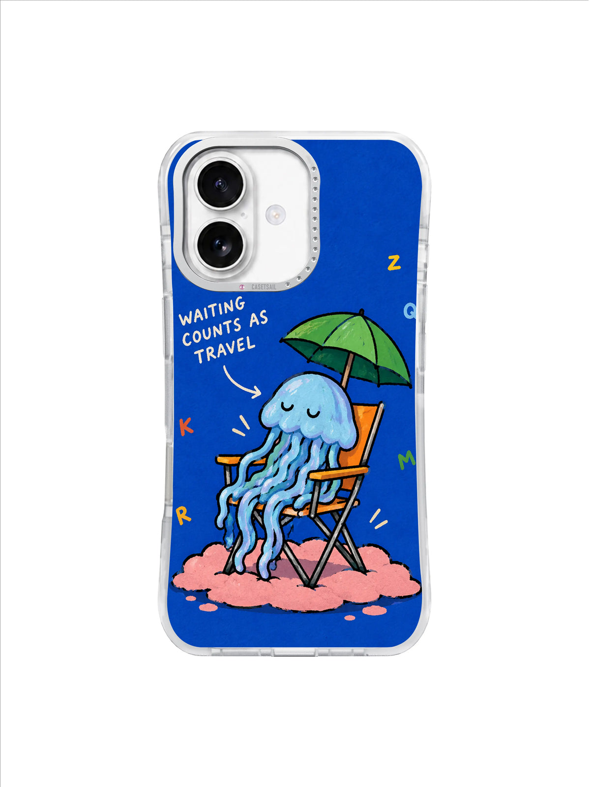 Blue jellyfish listening beneath a green umbrella on a pink cloud