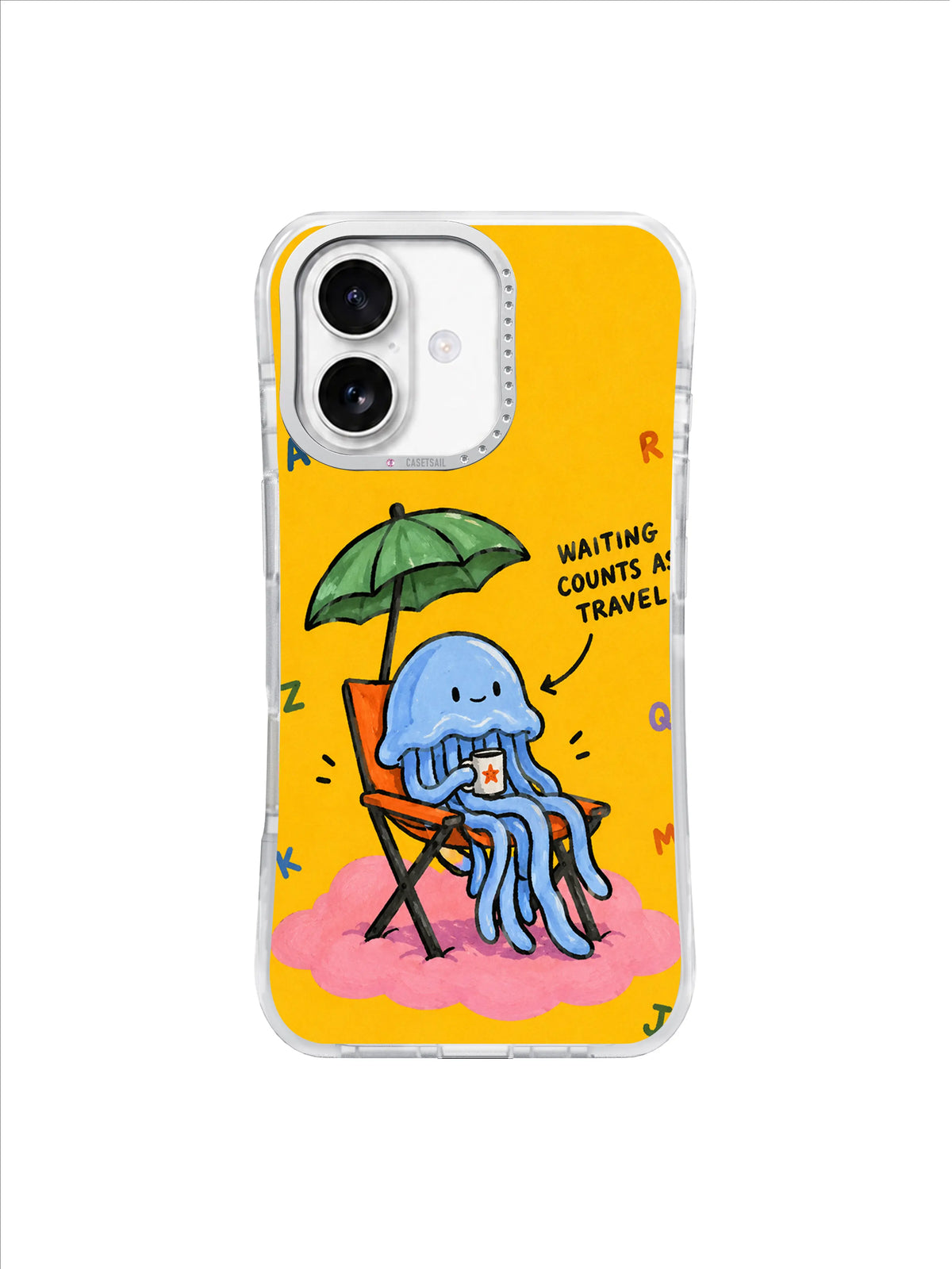 Pale blue jellyfish seated on an orange folding chair against a yellow field