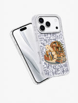 Angled front and back view of The Walking Bookshelf clear phone case