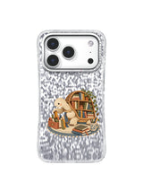 Front view of The Walking Bookshelf artwork on a clear iPhone 17 Pro case