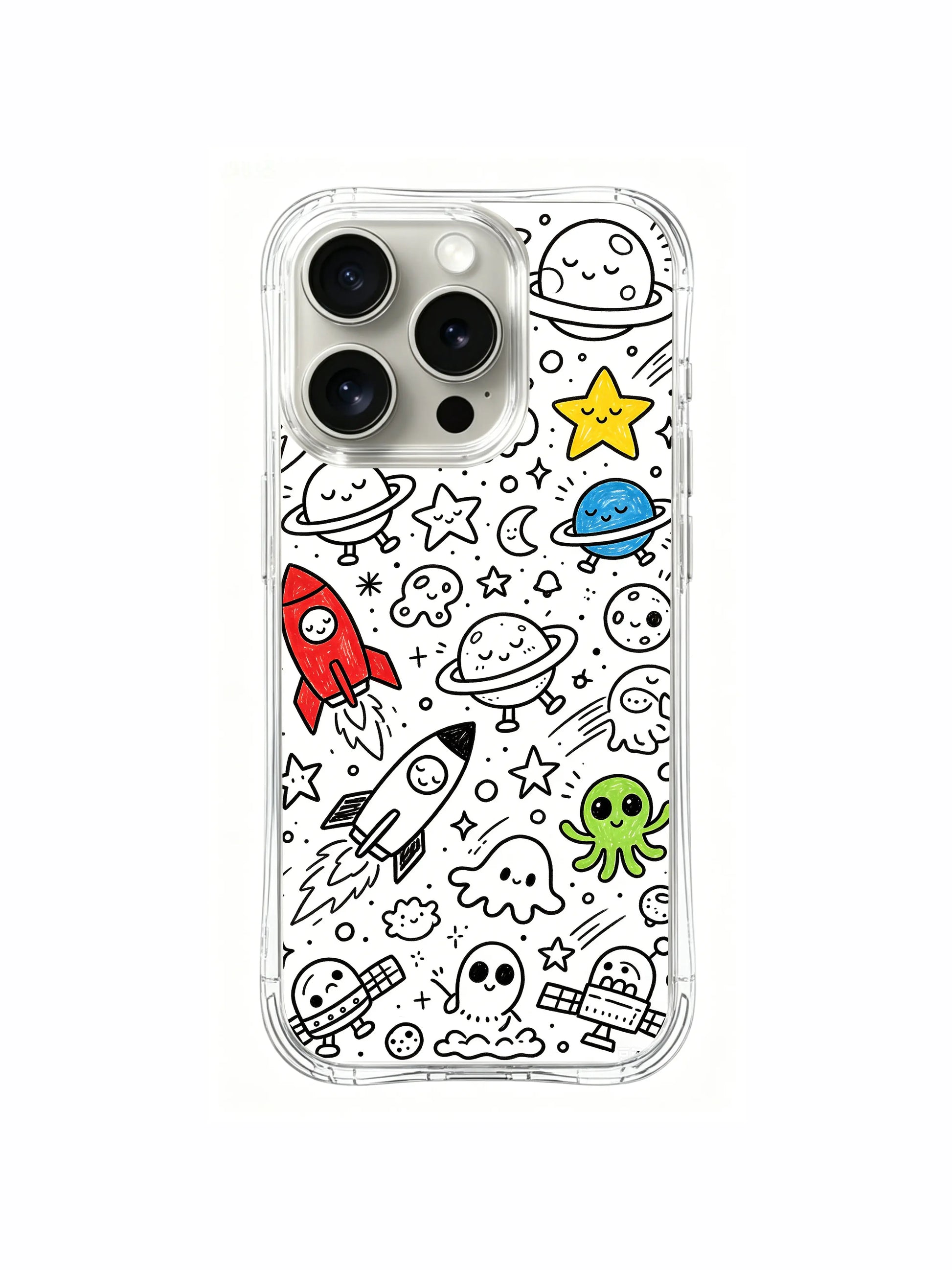 Adorable walking planets and sleepy star doodle iPhone 15 pro Case by Nico Scribble, fade-proof personalized phone casing from PhoneCasing, transparent slim illustrated phone cover.