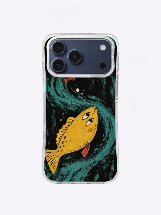 The Fish That Swam Up the Wall yellow fish artwork on an iPhone case
