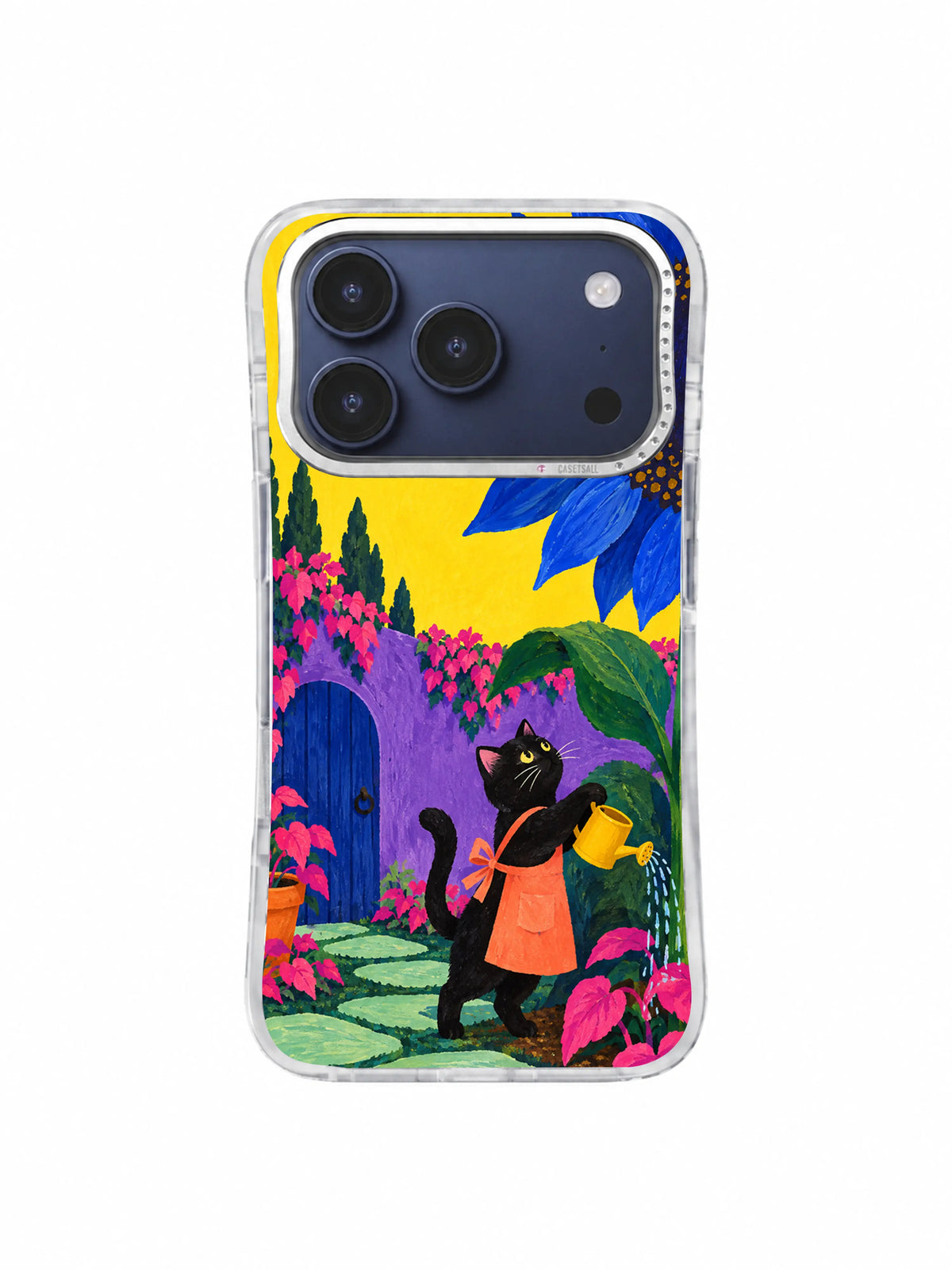 Blue Garden Gate pattern with a black cat gardener, cobalt sunflower, mustard watering can, coral apron, and mint stepping stones on an iPhone 17 Pro case