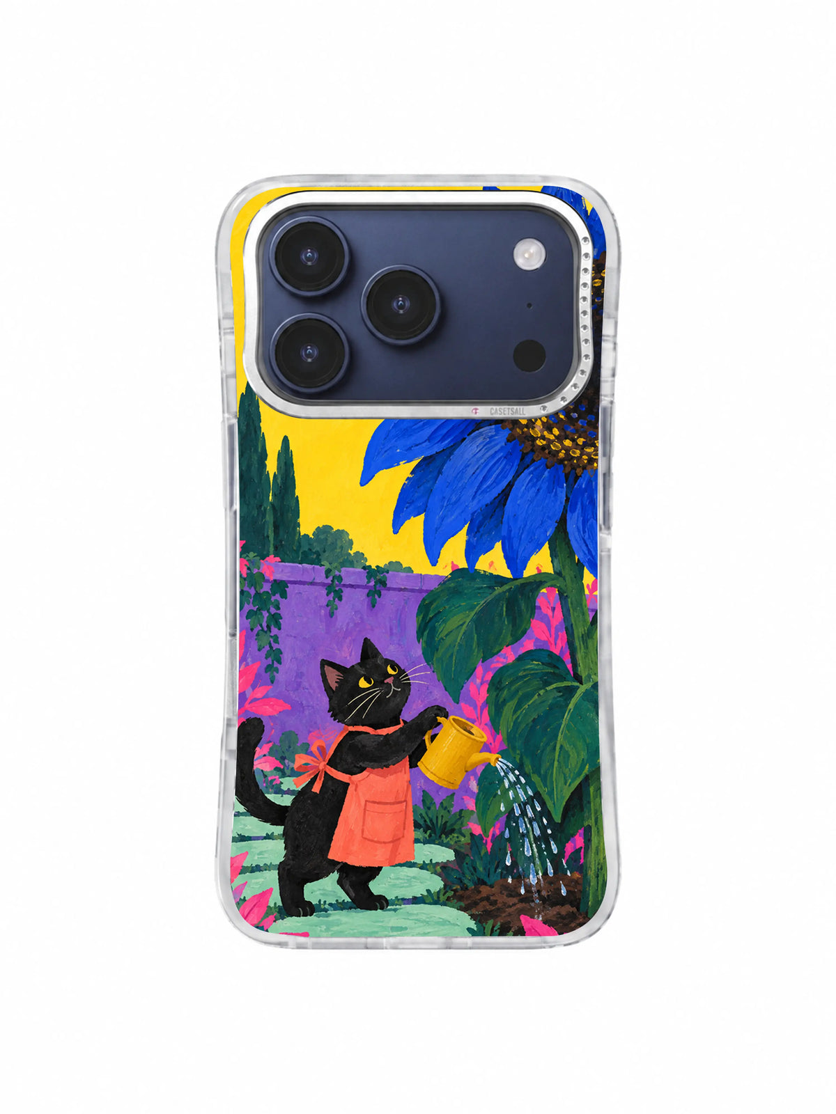 Mint Stepping Stones pattern showing the patient black cat gardener watering beneath a blue sunflower on an iPhone 17 Pro case
