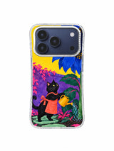 Mustard Watering Can pattern showing a black cat tending pink garden leaves beneath a giant cobalt sunflower on an iPhone 17 Pro case