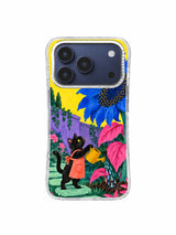 Pink Leaf Promise pattern with vivid pink foliage, a cobalt sunflower, and black cat gardener on an iPhone 17 Pro case