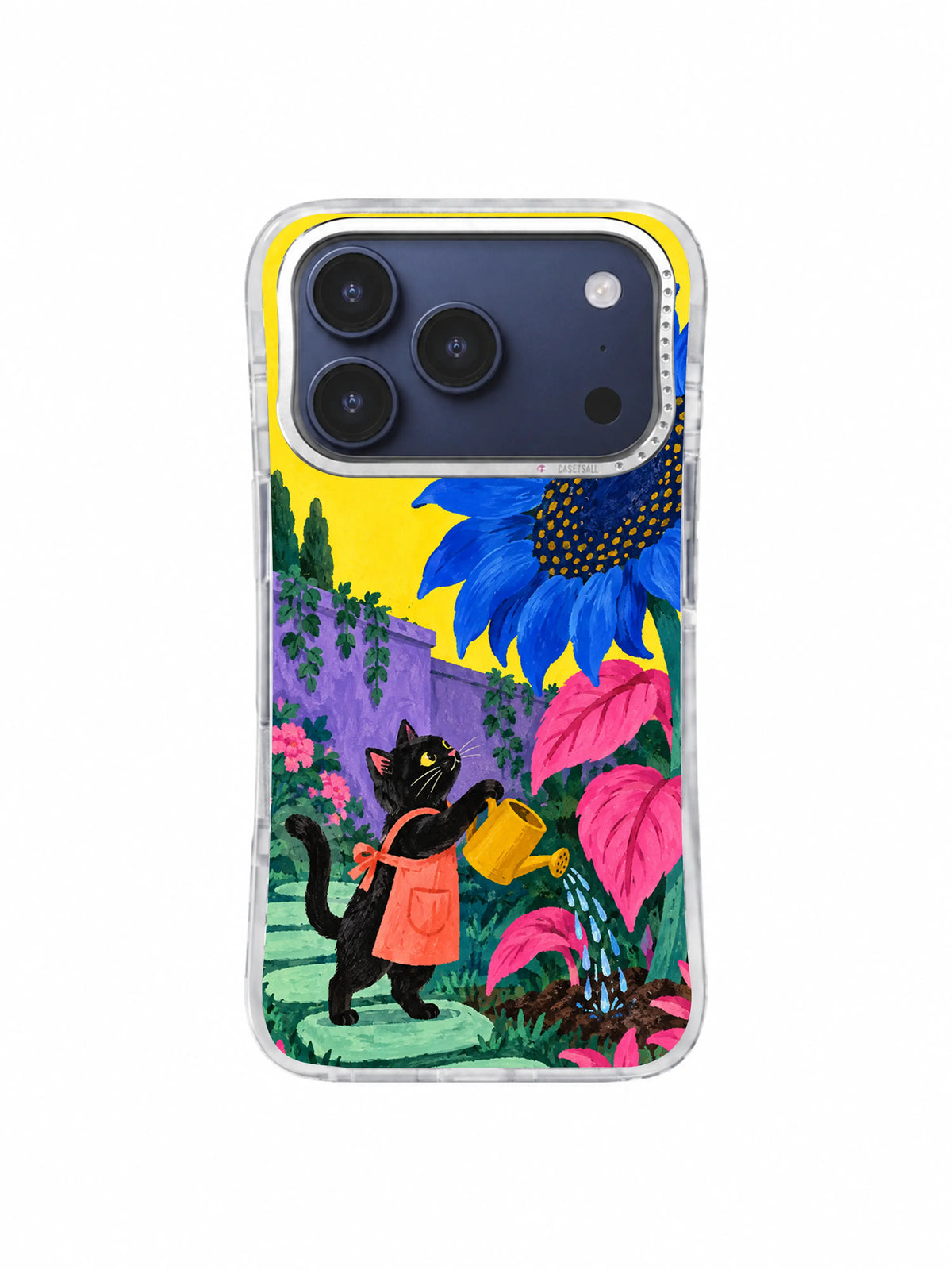Pink Leaf Promise pattern with vivid pink foliage, a cobalt sunflower, and black cat gardener on an iPhone 17 Pro case