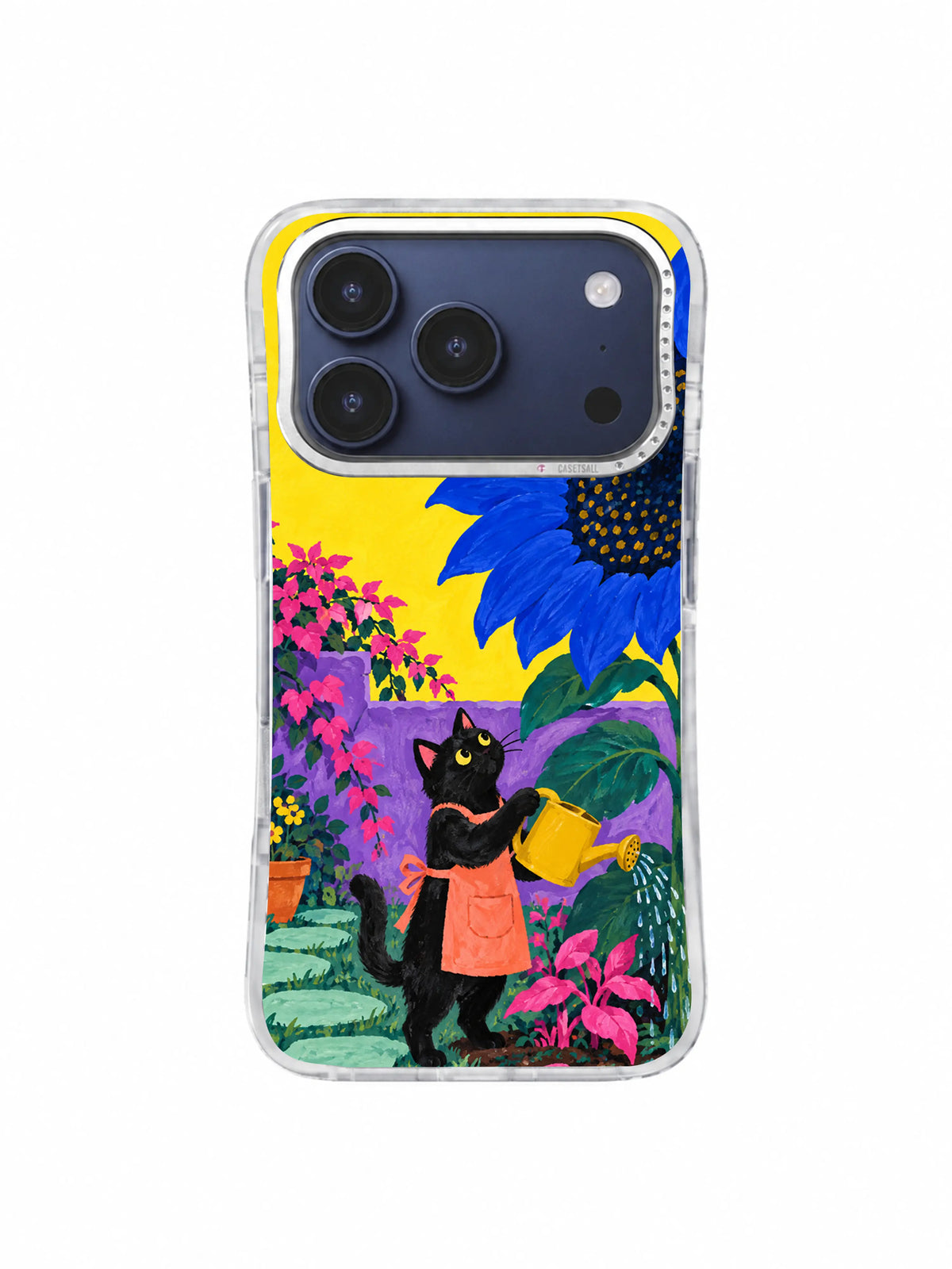 Sunflower Canopy pattern with a cropped cobalt bloom above a black cat gardener and violet wall on an iPhone 17 Pro case