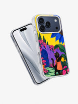 Angled view of a transparent iPhone 17 Pro case featuring the Watering the Blue Sun illustration