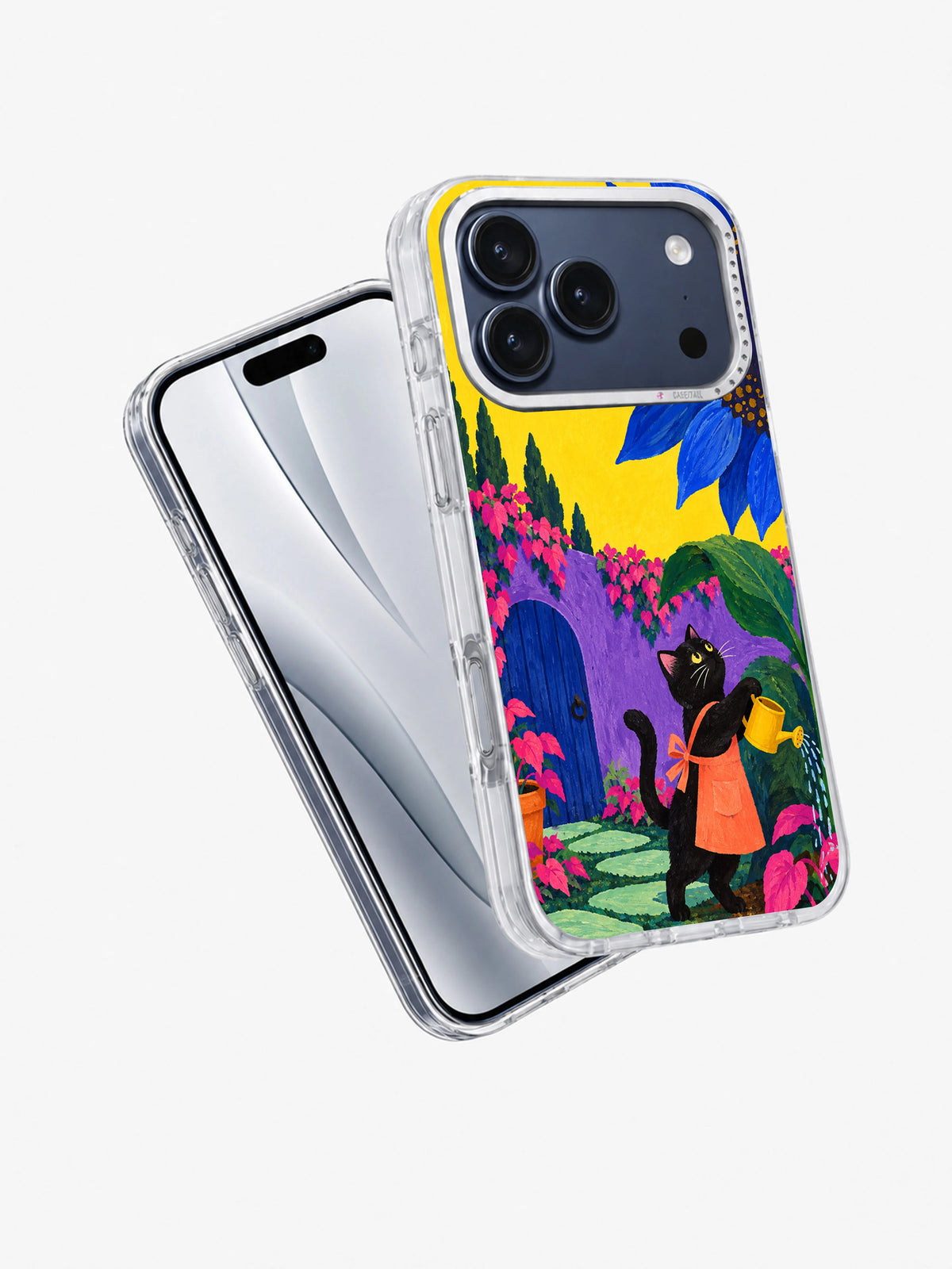 Angled view of a transparent iPhone 17 Pro case featuring the Watering the Blue Sun illustration