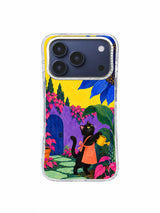 Front view of a transparent iPhone 17 Pro case printed with the Watering the Blue Sun black cat garden artwork