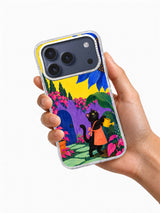 Hand holding a transparent iPhone 17 Pro case with black cat gardener and giant blue sunflower artwork