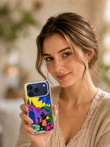 Lifestyle view of a person holding the Watering the Blue Sun transparent iPhone 17 Pro case