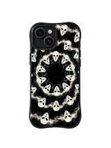 Dust Ring Sentinels circular mask spirit artwork on black iPhone 15 Plus case