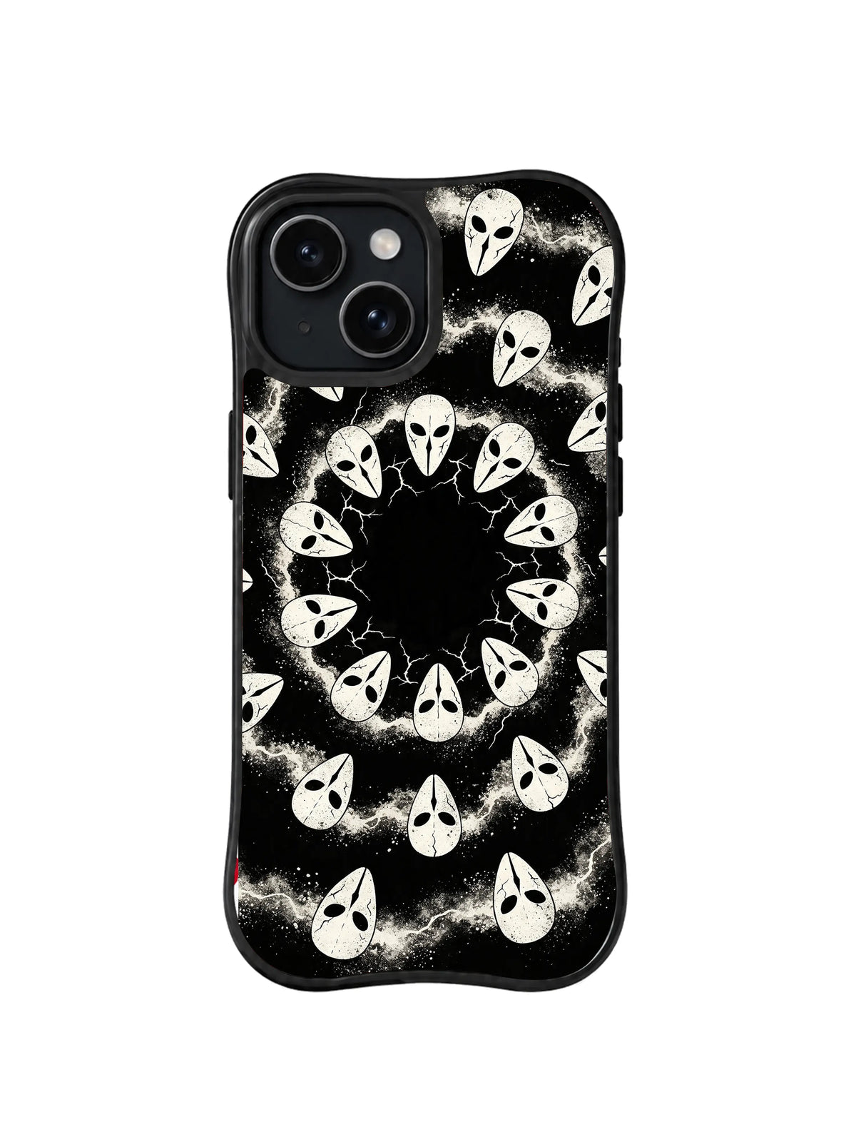 Dust Ring Sentinels circular mask spirit artwork on black iPhone 15 Plus case