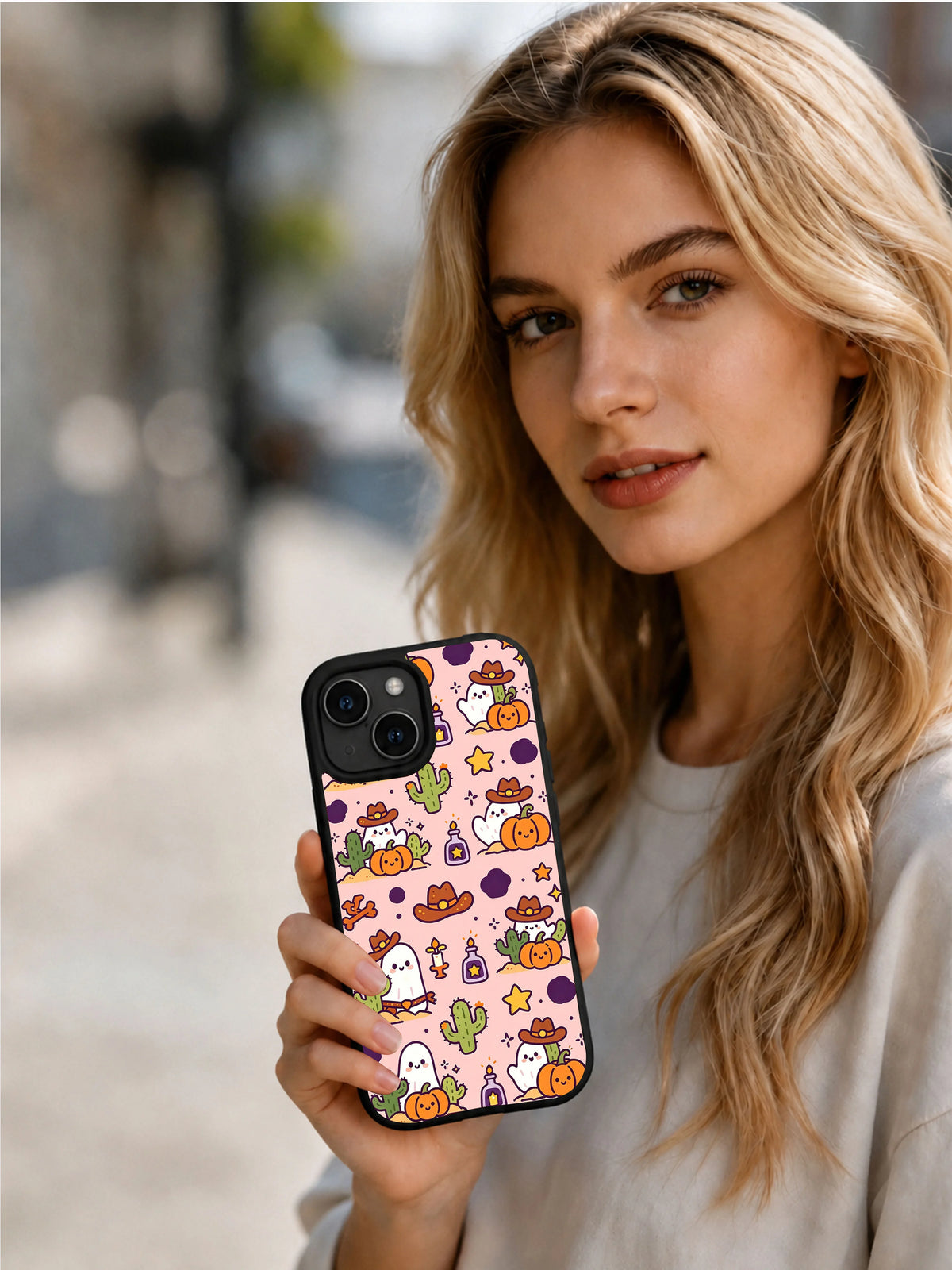 Pink desert pumpkin ghost iPhone 14 Plus case gift