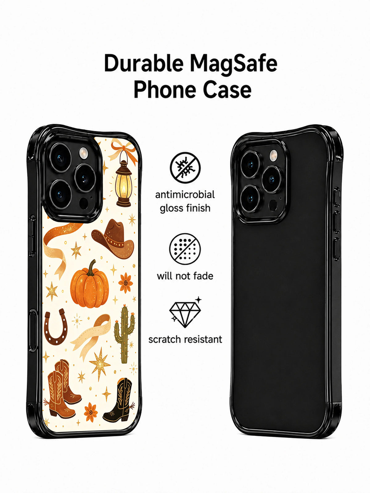 Western Pumpkin Ranch Night iPhone 14 Pro case front and black back views