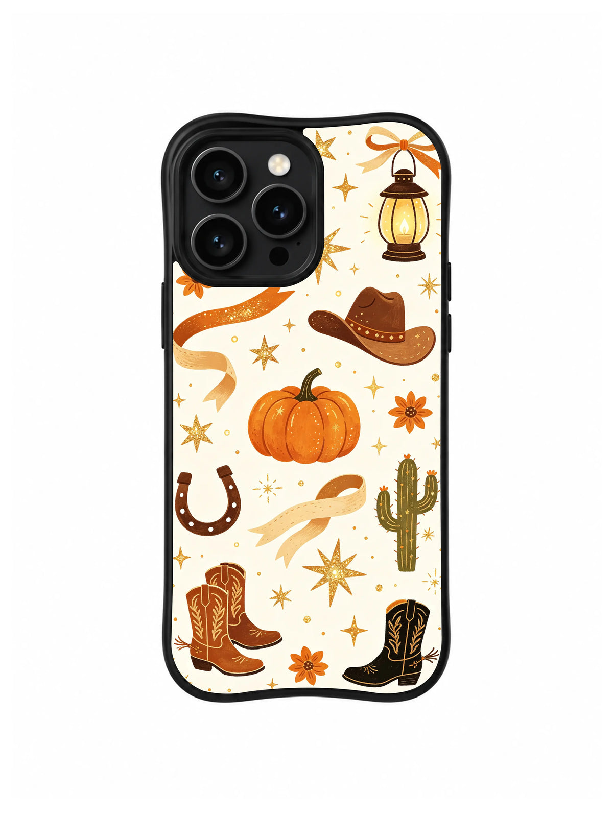 Western Pumpkin Ranch Night iPhone 14 Pro case with cowboy hat pumpkin lantern boot and cactus