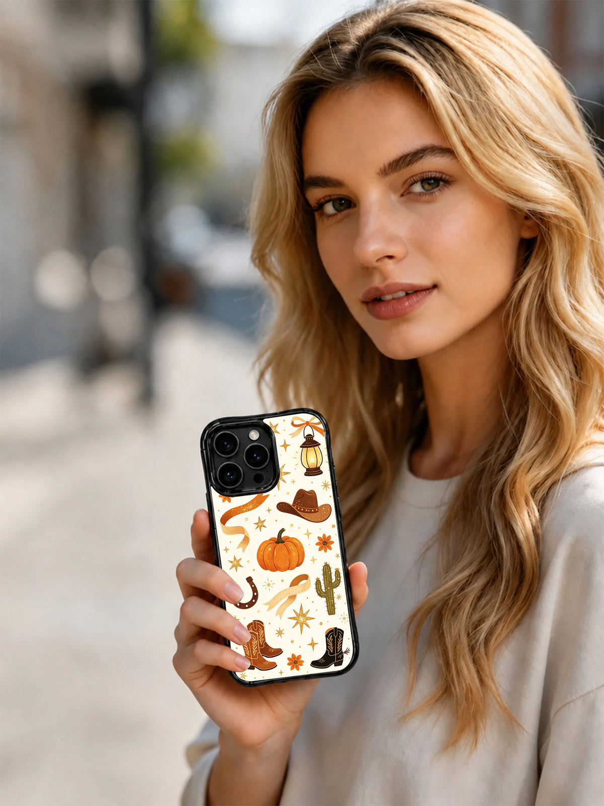 Western Pumpkin Ranch Night iPhone 14 Pro case lifestyle view