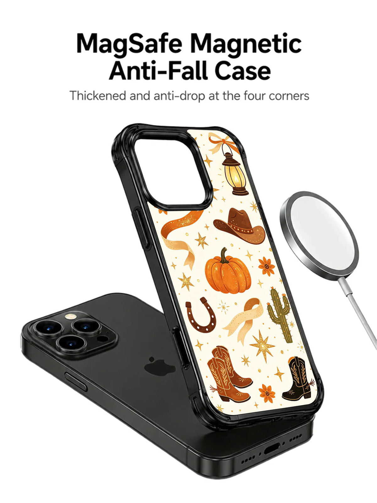 Western Pumpkin Ranch Night iPhone 14 Pro case shown with magnetic accessory