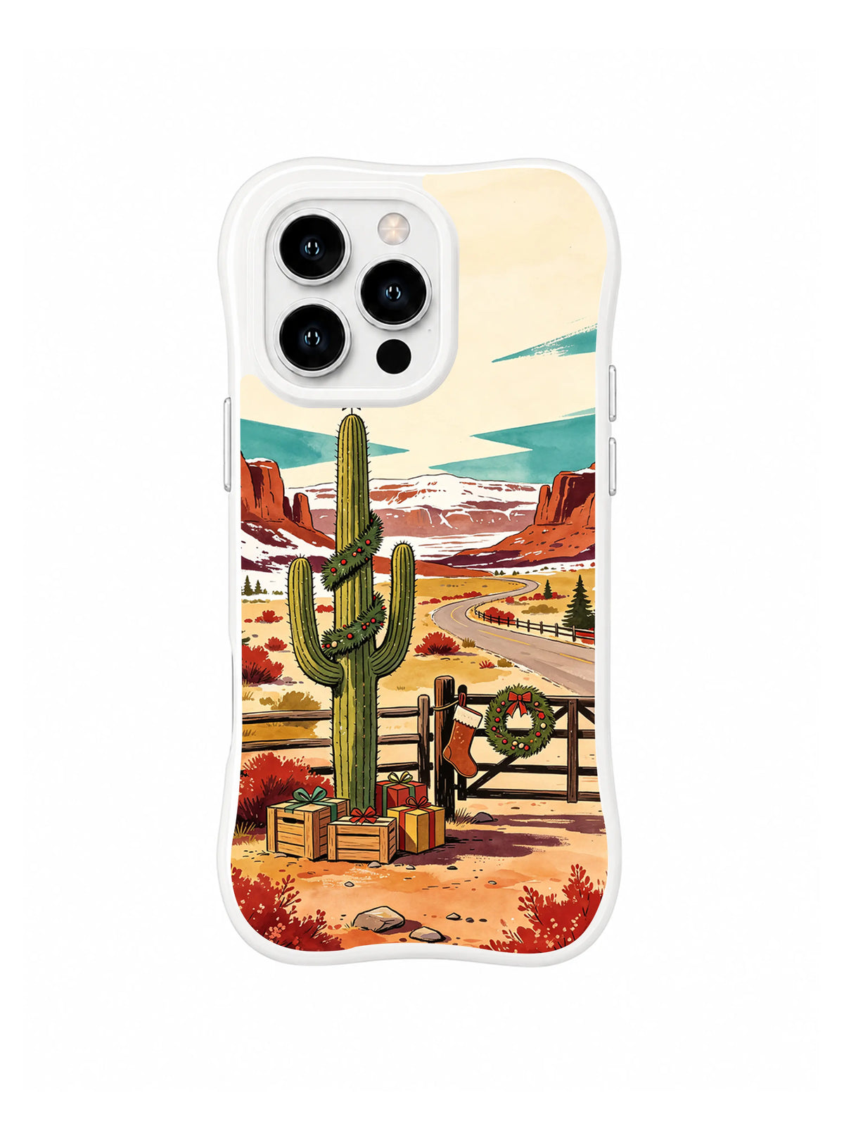 Cactus Christmas iPhone 16 Pro case with evergreen garland, star, gift crates and snowy mesas